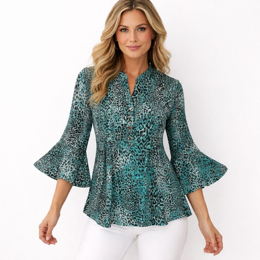 Notations Tunic Size Large Teal Leopard Animal Print Like New